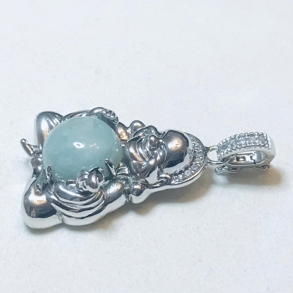 Sterling Silver Genuine Green Jade Smiling Buddha Pendant - Picture 11 of 14